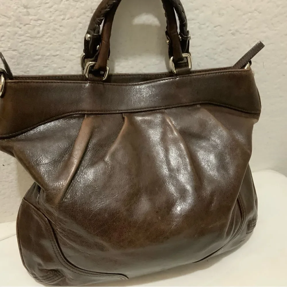 Lodis handbag double handles zip top pleated front brown